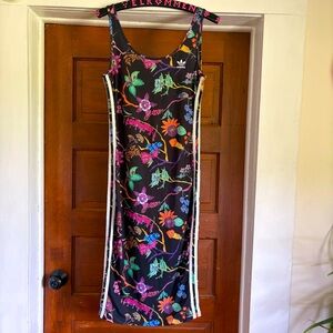 ADIDAS ORIGINALS black floral forest neon body con stretchy midi dress M